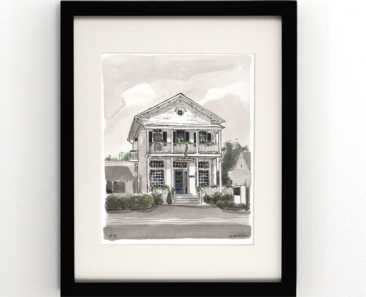 Watercolor painting of the 1870 Restaurant in Jewett Bass Hall in Midlothian, Virginia