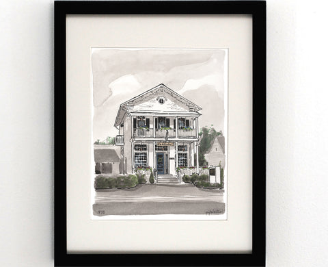 Watercolor painting of the 1870 Restaurant in Jewett Bass Hall in Midlothian, Virginia