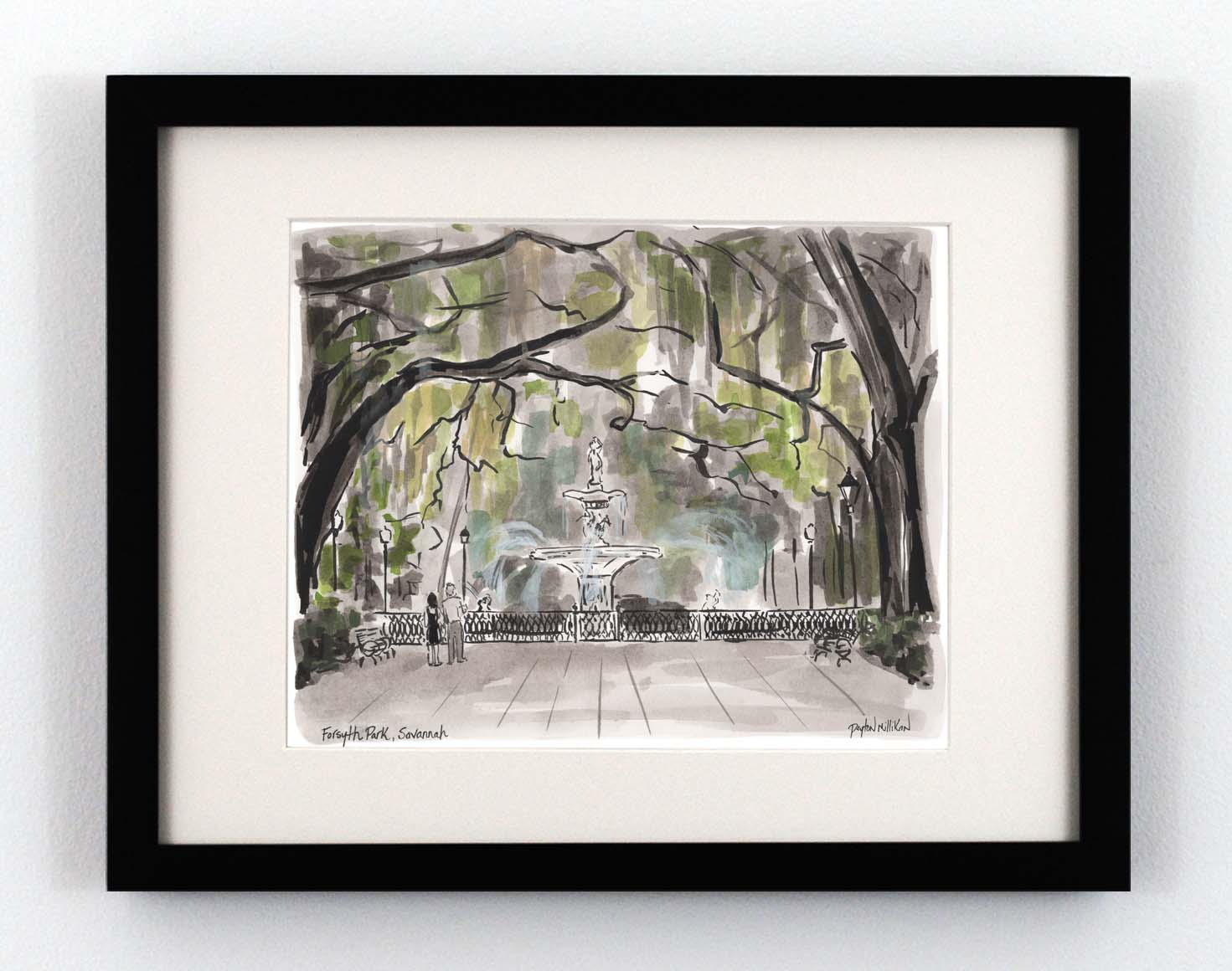 Fine art print of Forsyth Park in Savannah Georgia in watercolor style by Peyton Millikan.