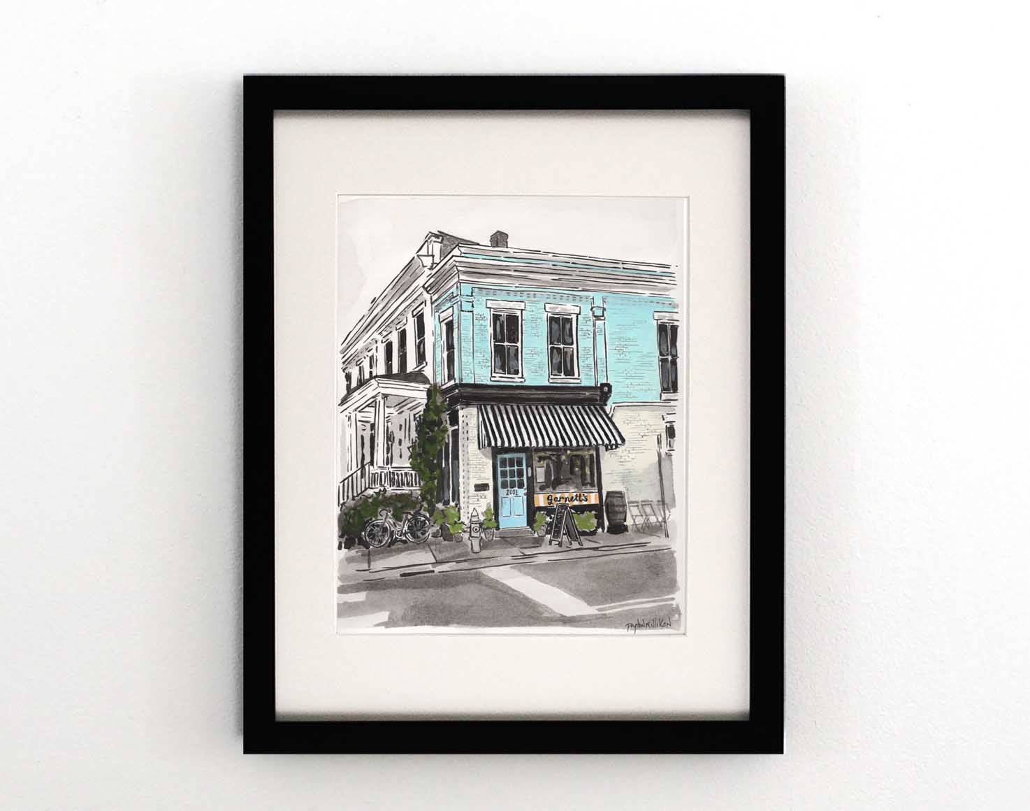 Watercolor painting of Garnett's restaurant in Richmond, Va