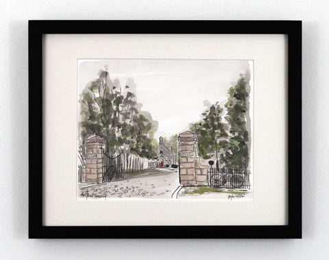 Water color painting of the entrance to Hollywood Cemetery in Richmond Va