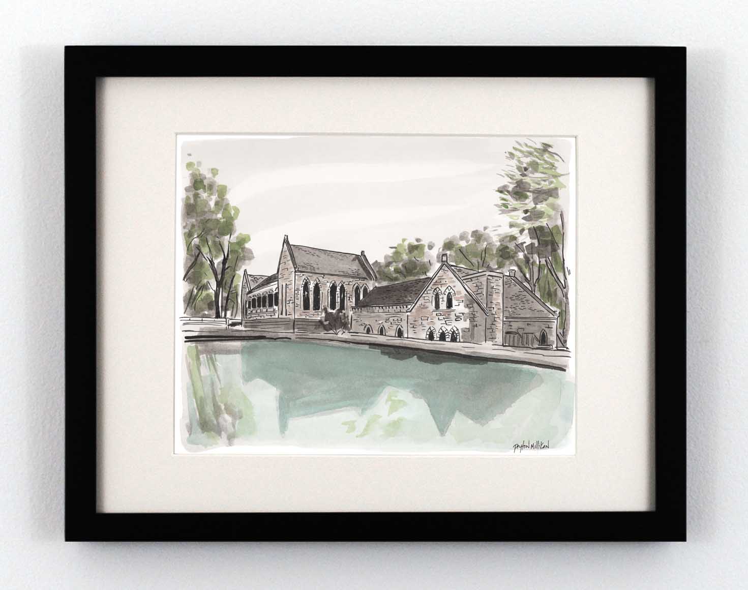 Watercolor painting of the pump house in Richmond Virginia's Byrd Park