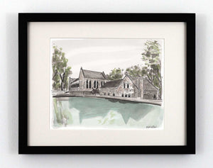 Watercolor painting of the pump house in Richmond Virginia's Byrd Park
