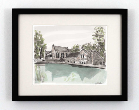 Watercolor painting of the pump house in Richmond Virginia's Byrd Park