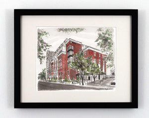 Watercolor painting of VCU's STEM building in Richmond Va. 