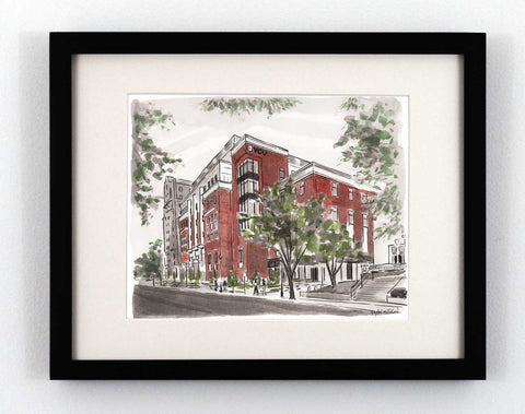 Watercolor painting of VCU's STEM building in Richmond Va. 