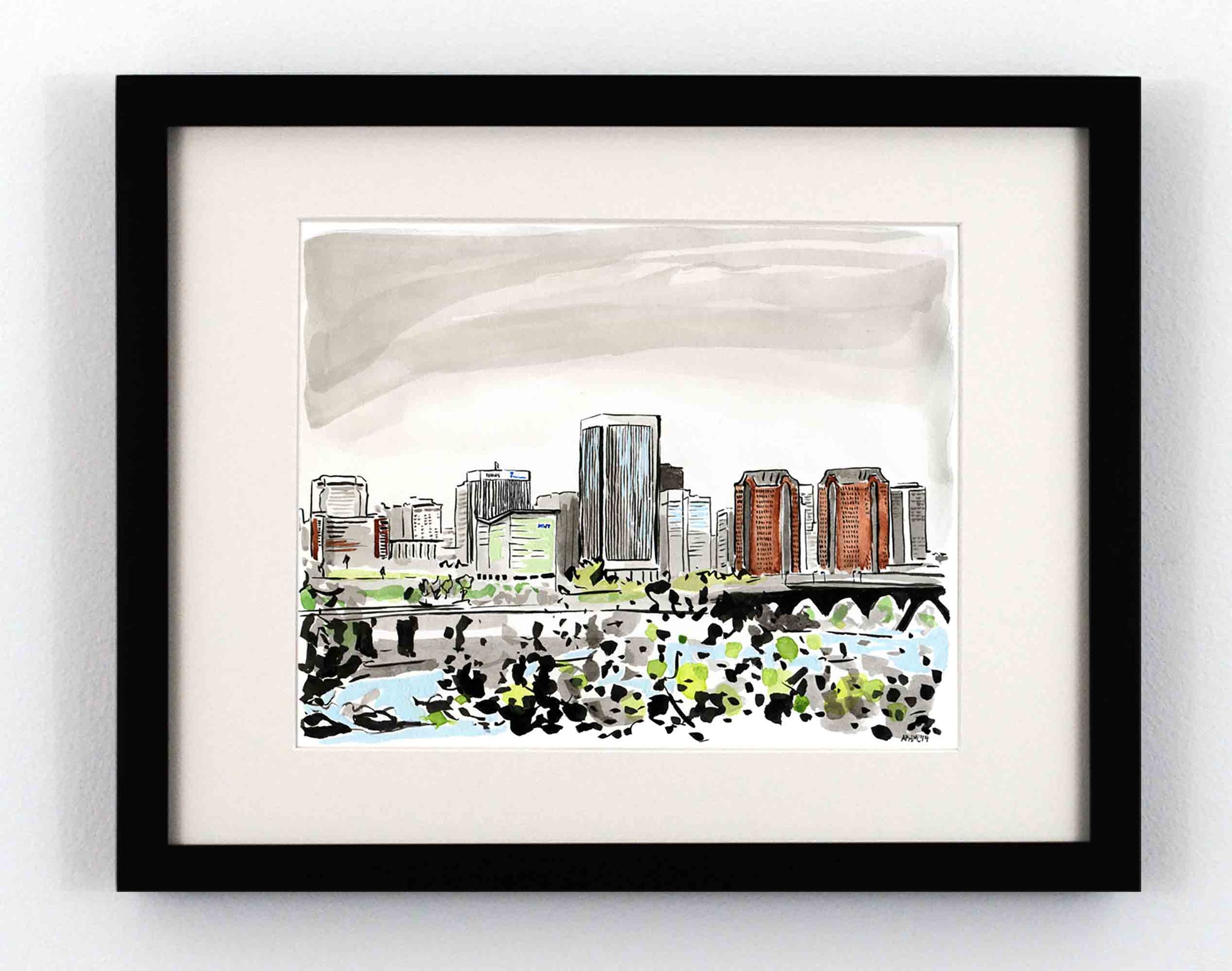 Painting of Richmond Virginia's skyline prior to 2017 of a perspective from the River in a watercolor style by Peyton Millikan.  