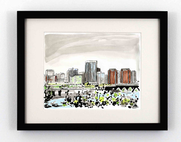 Painting of Richmond Virginia's skyline prior to 2017 of a perspective from the River in a watercolor style by Peyton Millikan.  
